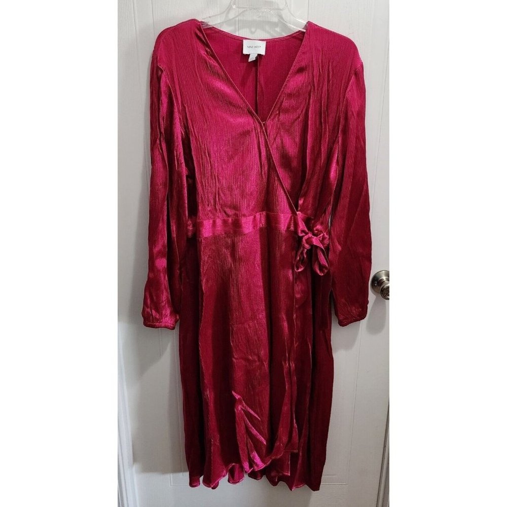 NEW Nine West Women's Long Sleeve Surplice Dress Crinkle Satin Magenta Size XL